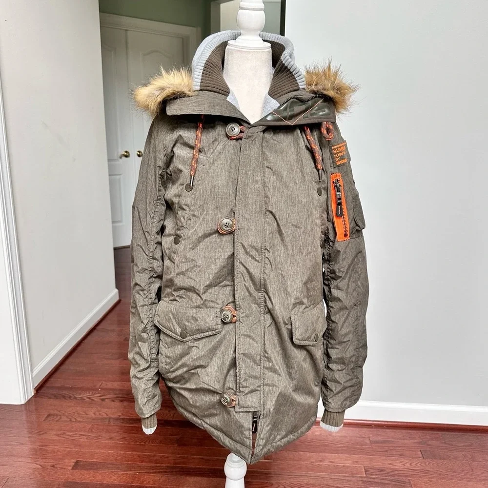 Superdry + MicroFibre‎ The SD3 Parka Army Green Grey Faux Fur Lined Hood Large